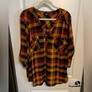 Harper Georgette Pullover 3/4 Sleeve Blouse - Orange/Yellow/Black Plaid